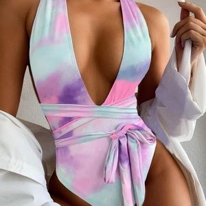 Tie Dye Knot Front One Piece Swimsuit